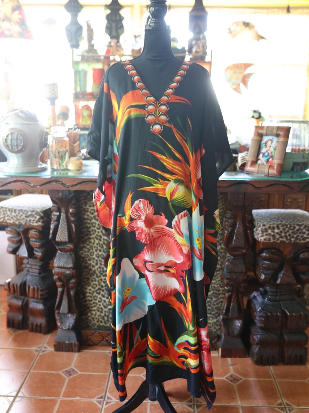 Black Floral V-Neck Maxi Caftan Dress with Tropical Print